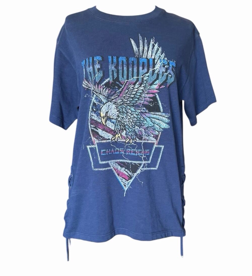 The Kooples NWT Eagle Graphic Lace Up T-Shirt Navy Size 0 Rocker Edgy